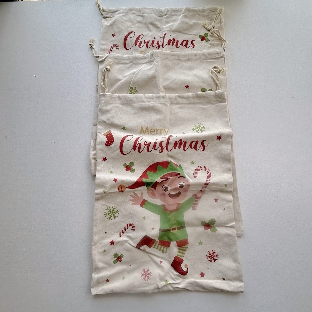 Large Christmas Holiday Gift  Bag Elf Lot Of 3 Ivory‎ Color 24 Inches Cloth.